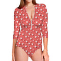 Pink And White Animal Paw Pattern Print Long Sleeve Swimsuit