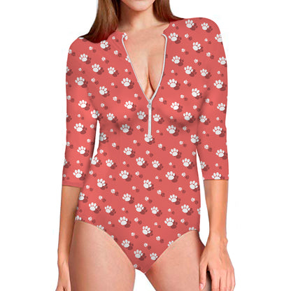 Pink And White Animal Paw Pattern Print Long Sleeve Swimsuit