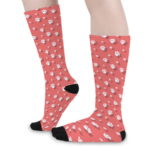 Pink And White Animal Paw Pattern Print Long Socks