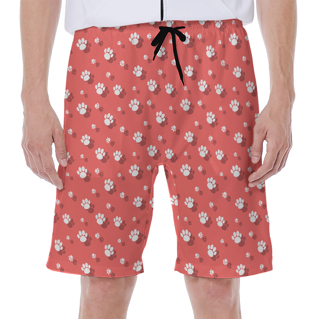 Pink And White Animal Paw Pattern Print Men's Beach Shorts