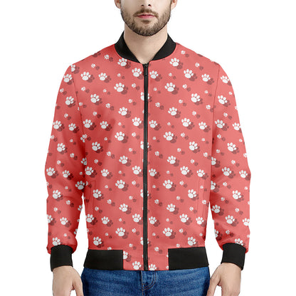 Pink And White Animal Paw Pattern Print Men's Bomber Jacket