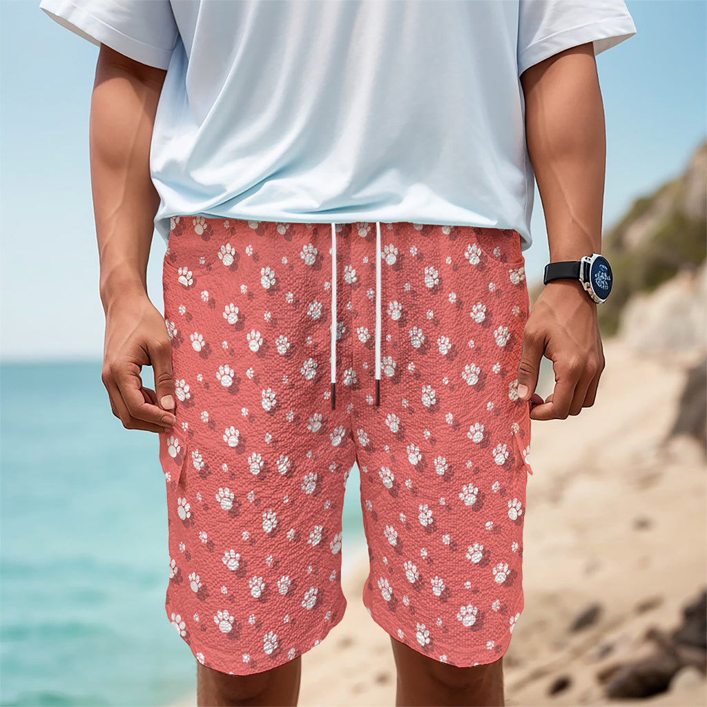 Pink And White Animal Paw Pattern Print Men's Cargo Shorts