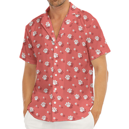 Pink And White Animal Paw Pattern Print Men's Deep V-Neck Shirt