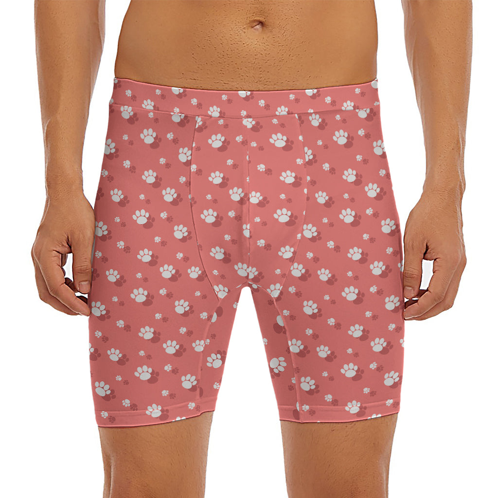 Pink And White Animal Paw Pattern Print Men's Long Boxer Briefs