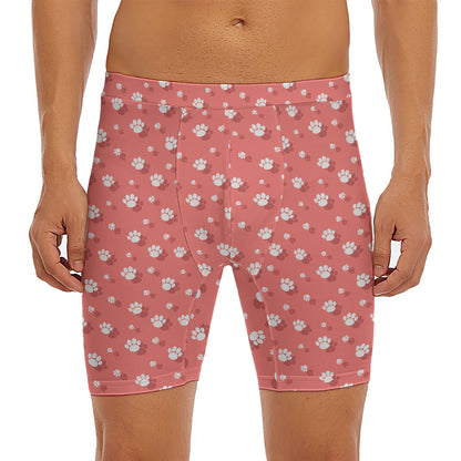 Pink And White Animal Paw Pattern Print Men's Long Boxer Briefs