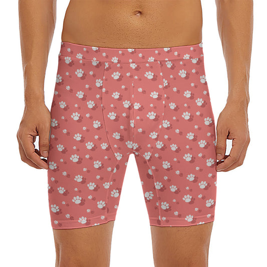 Pink And White Animal Paw Pattern Print Men's Long Boxer Briefs