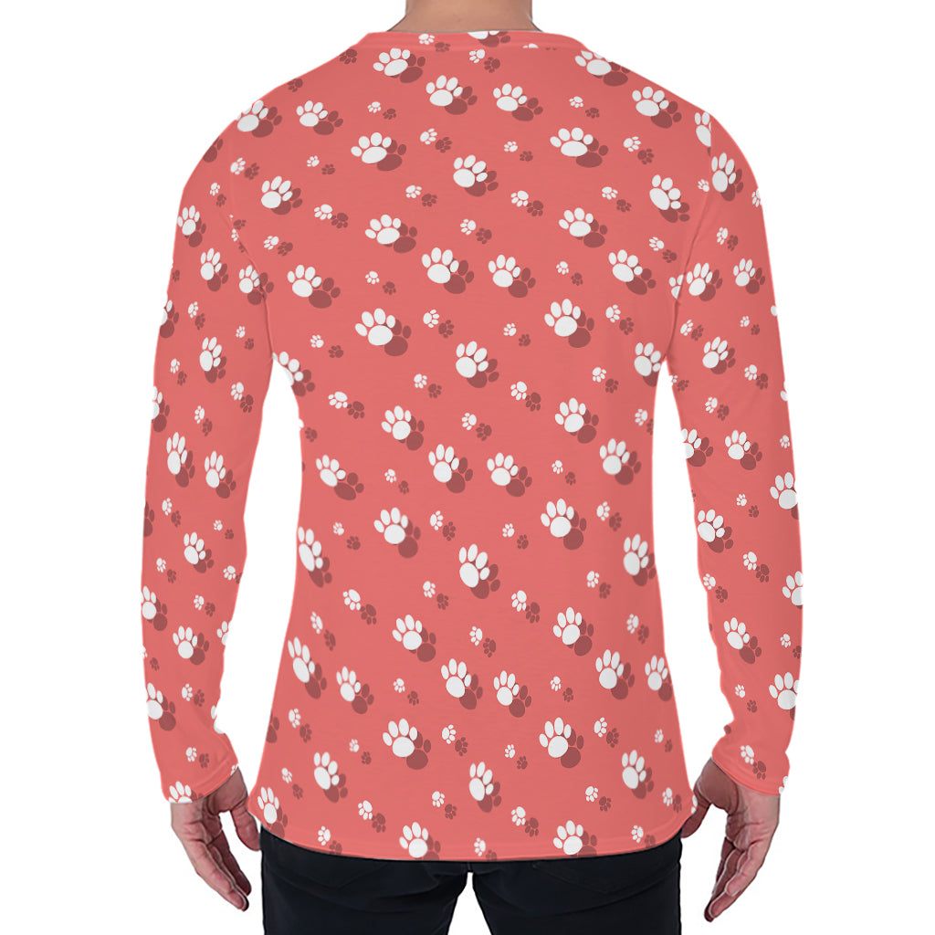 Pink And White Animal Paw Pattern Print Men's Long Sleeve T-Shirt