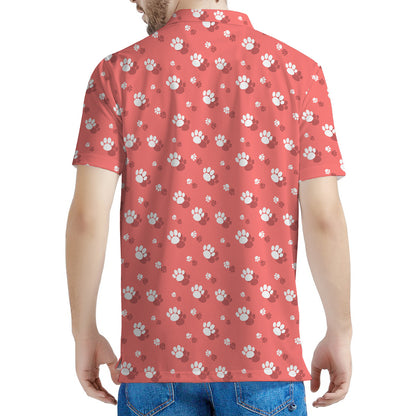 Pink And White Animal Paw Pattern Print Men's Polo Shirt