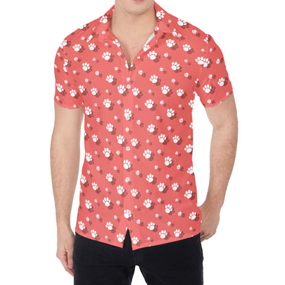 Pink And White Animal Paw Pattern Print Men's Shirt