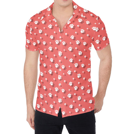 Pink And White Animal Paw Pattern Print Men's Shirt