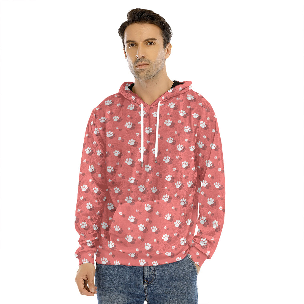 Pink And White Animal Paw Pattern Print Men's Velvet Pullover Hoodie