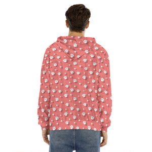 Pink And White Animal Paw Pattern Print Men's Velvet Pullover Hoodie