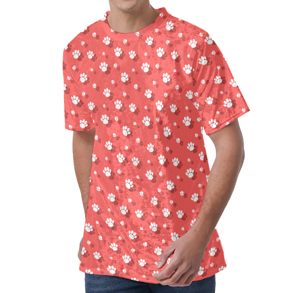 Pink And White Animal Paw Pattern Print Men's Velvet T-Shirt