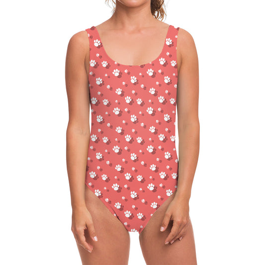 Pink And White Animal Paw Pattern Print One Piece Swimsuit