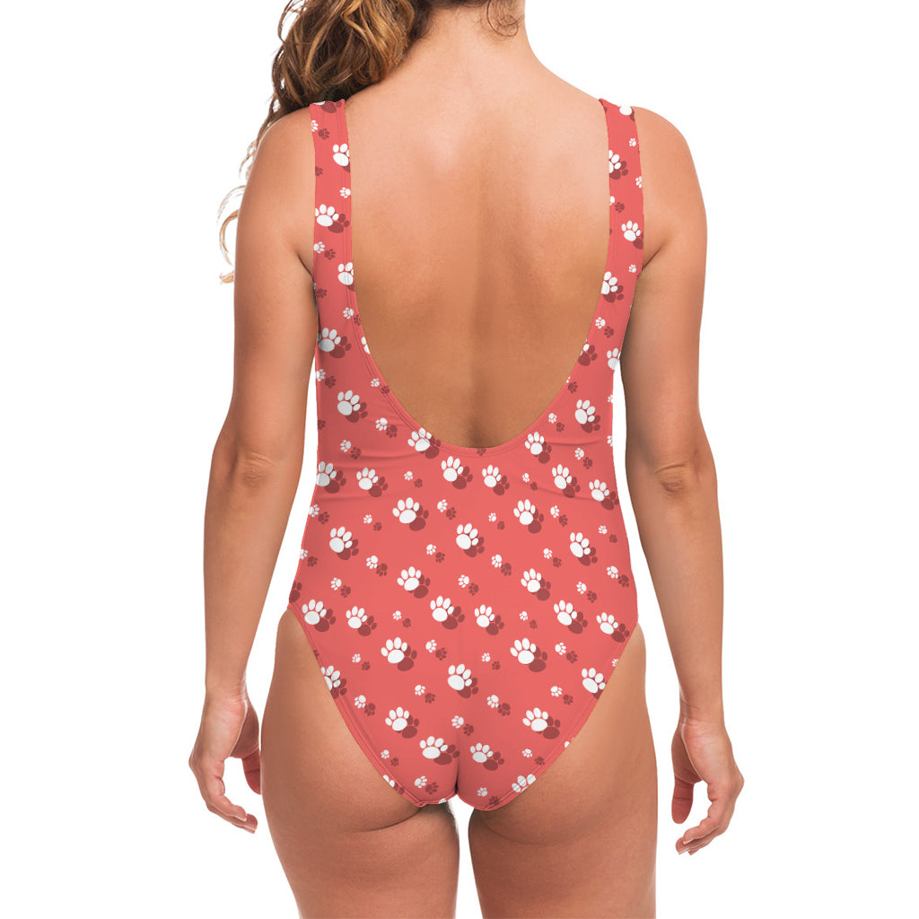 Pink And White Animal Paw Pattern Print One Piece Swimsuit