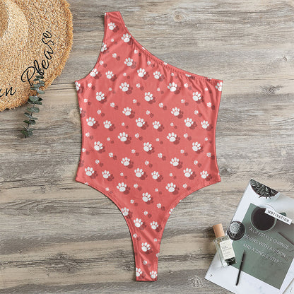 Pink And White Animal Paw Pattern Print One Shoulder Bodysuit