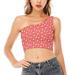 Pink And White Animal Paw Pattern Print One Shoulder Crop Top
