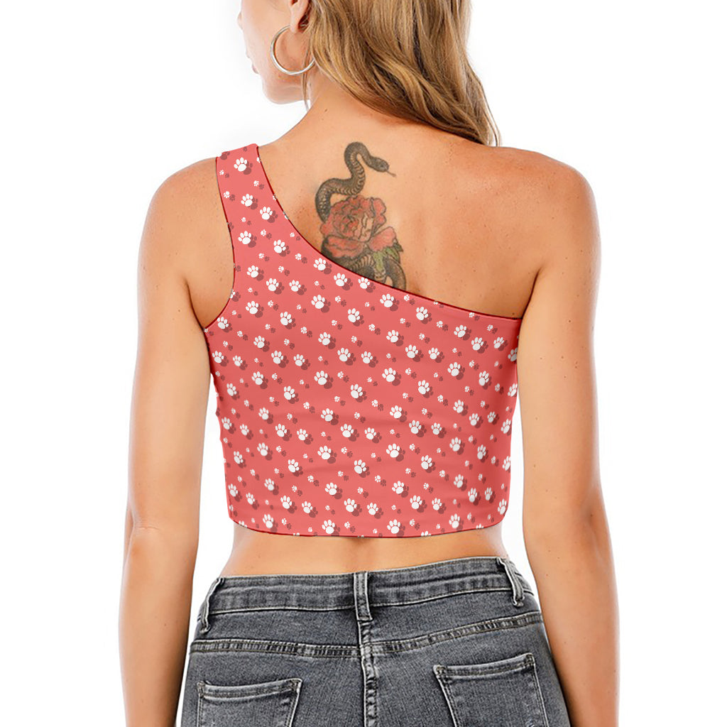 Pink And White Animal Paw Pattern Print One Shoulder Crop Top