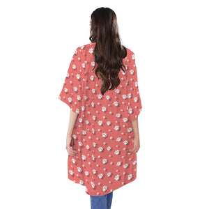 Pink And White Animal Paw Pattern Print Open Front Beach Cover Up