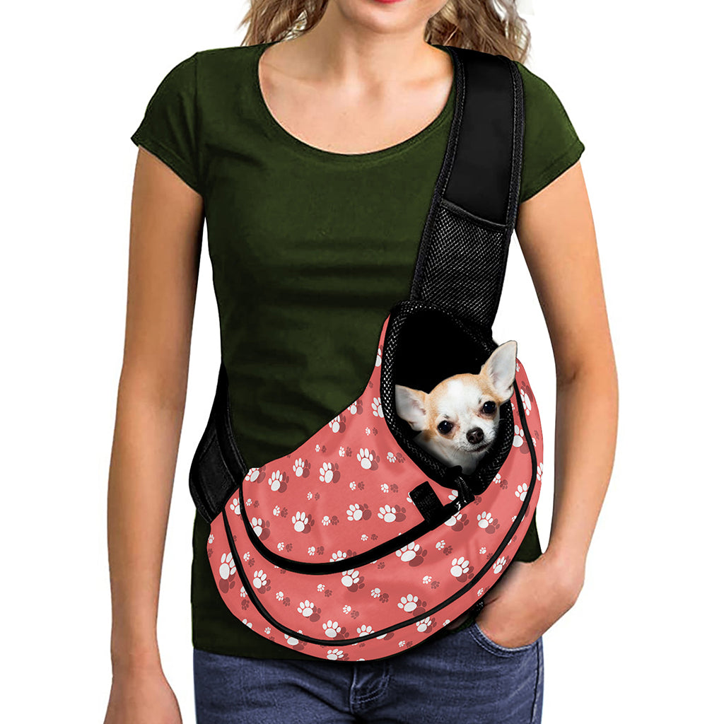 Pink And White Animal Paw Pattern Print Pet Sling Carrier