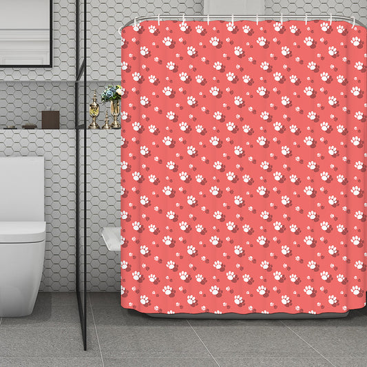 Pink And White Animal Paw Pattern Print Polyester Shower Curtain