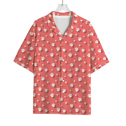 Pink And White Animal Paw Pattern Print Rayon Hawaiian Shirt