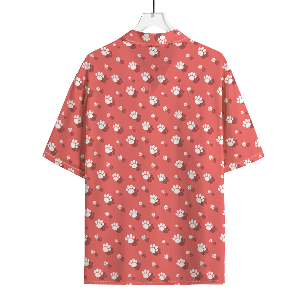 Pink And White Animal Paw Pattern Print Rayon Hawaiian Shirt
