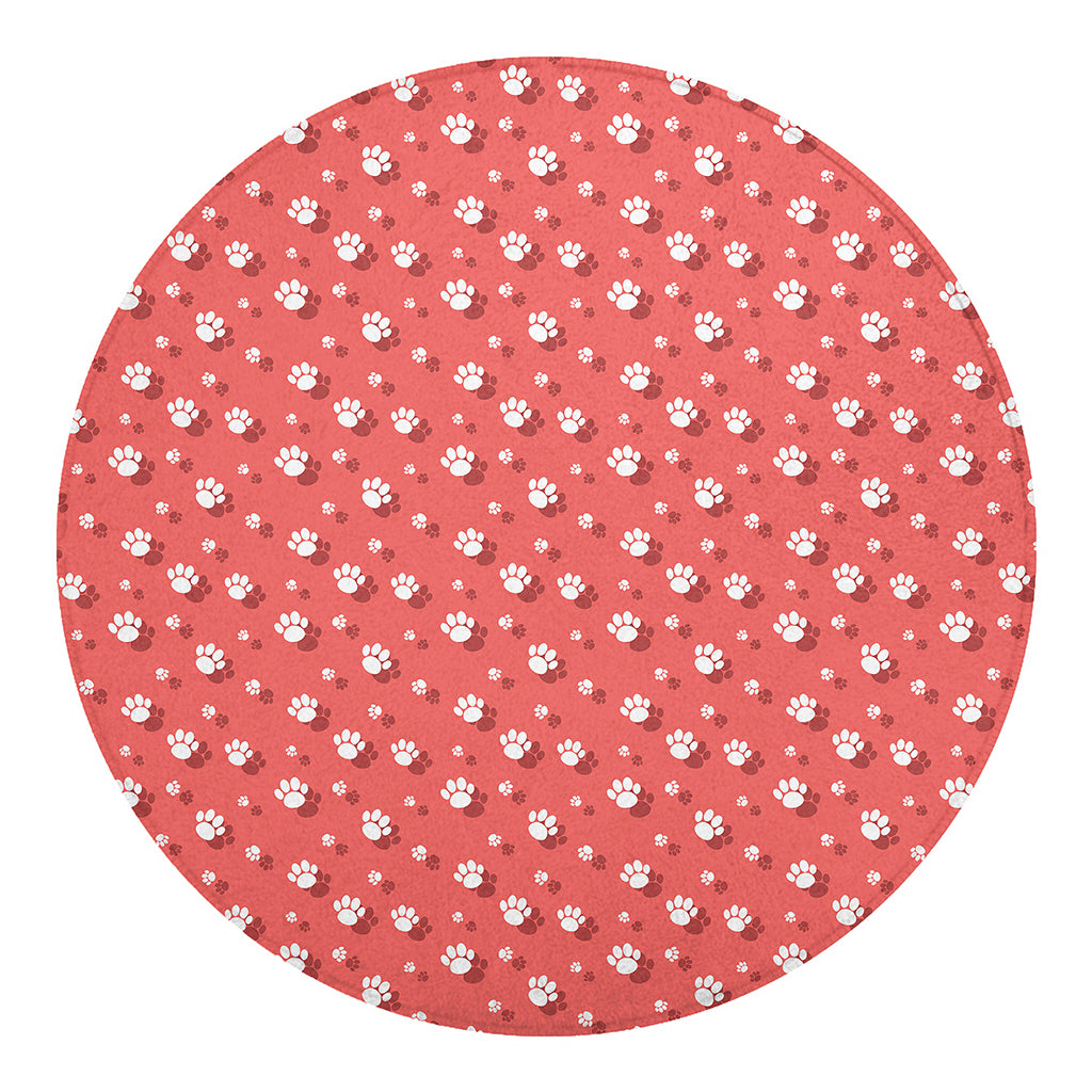 Pink And White Animal Paw Pattern Print Round Blanket