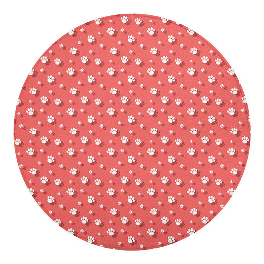 Pink And White Animal Paw Pattern Print Round Blanket