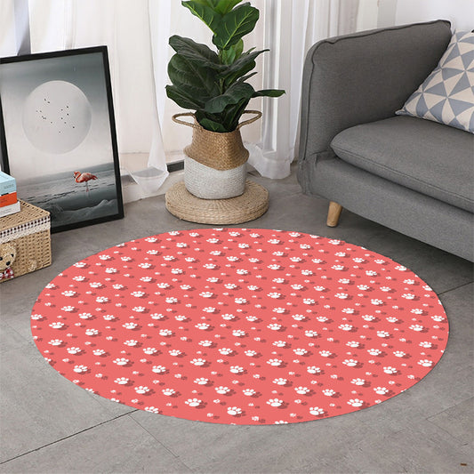 Pink And White Animal Paw Pattern Print Round Rug