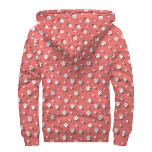 Pink And White Animal Paw Pattern Print Sherpa Lined Zip Up Hoodie