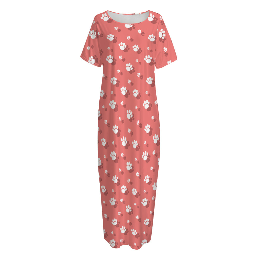 Pink And White Animal Paw Pattern Print Short Sleeve Long Nightdress