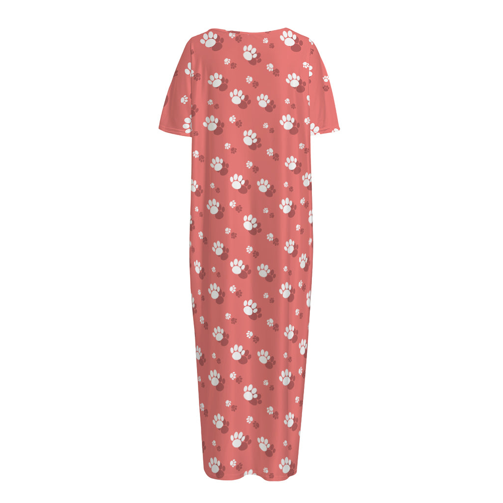 Pink And White Animal Paw Pattern Print Short Sleeve Long Nightdress