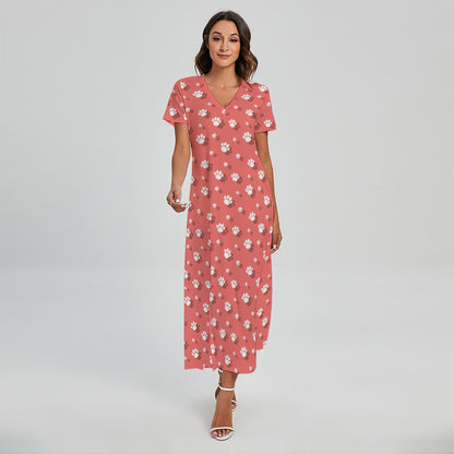 Pink And White Animal Paw Pattern Print Short Sleeve Maxi Dress