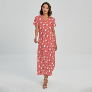 Pink And White Animal Paw Pattern Print Short Sleeve Maxi Dress