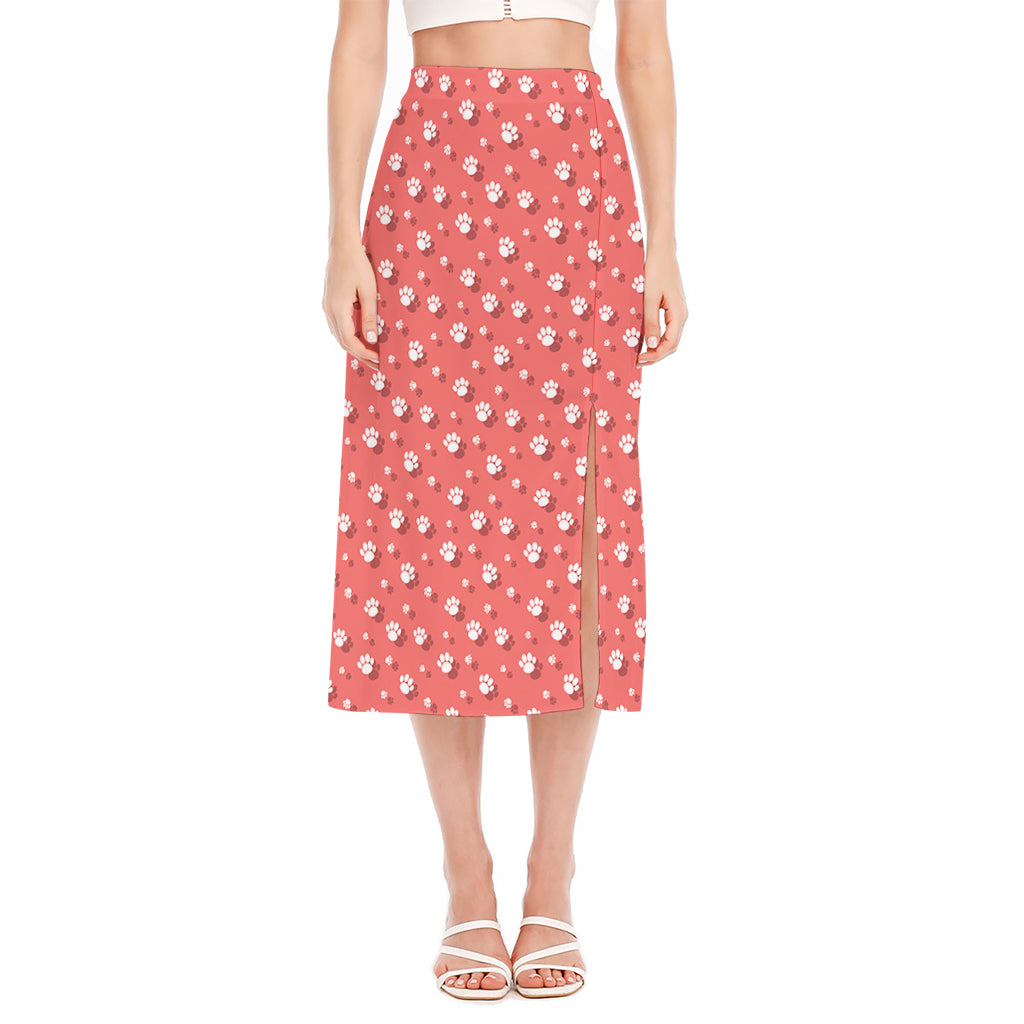 Pink And White Animal Paw Pattern Print Side Slit Midi Skirt