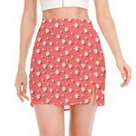 Pink And White Animal Paw Pattern Print Side Slit Mini Skirt