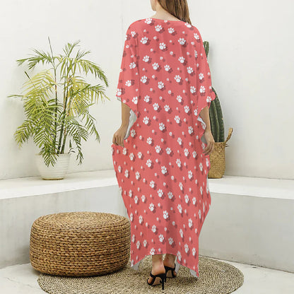 Pink And White Animal Paw Pattern Print Silk V-Neck Kaftan Dress