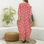Pink And White Animal Paw Pattern Print Silk V-Neck Kaftan Dress