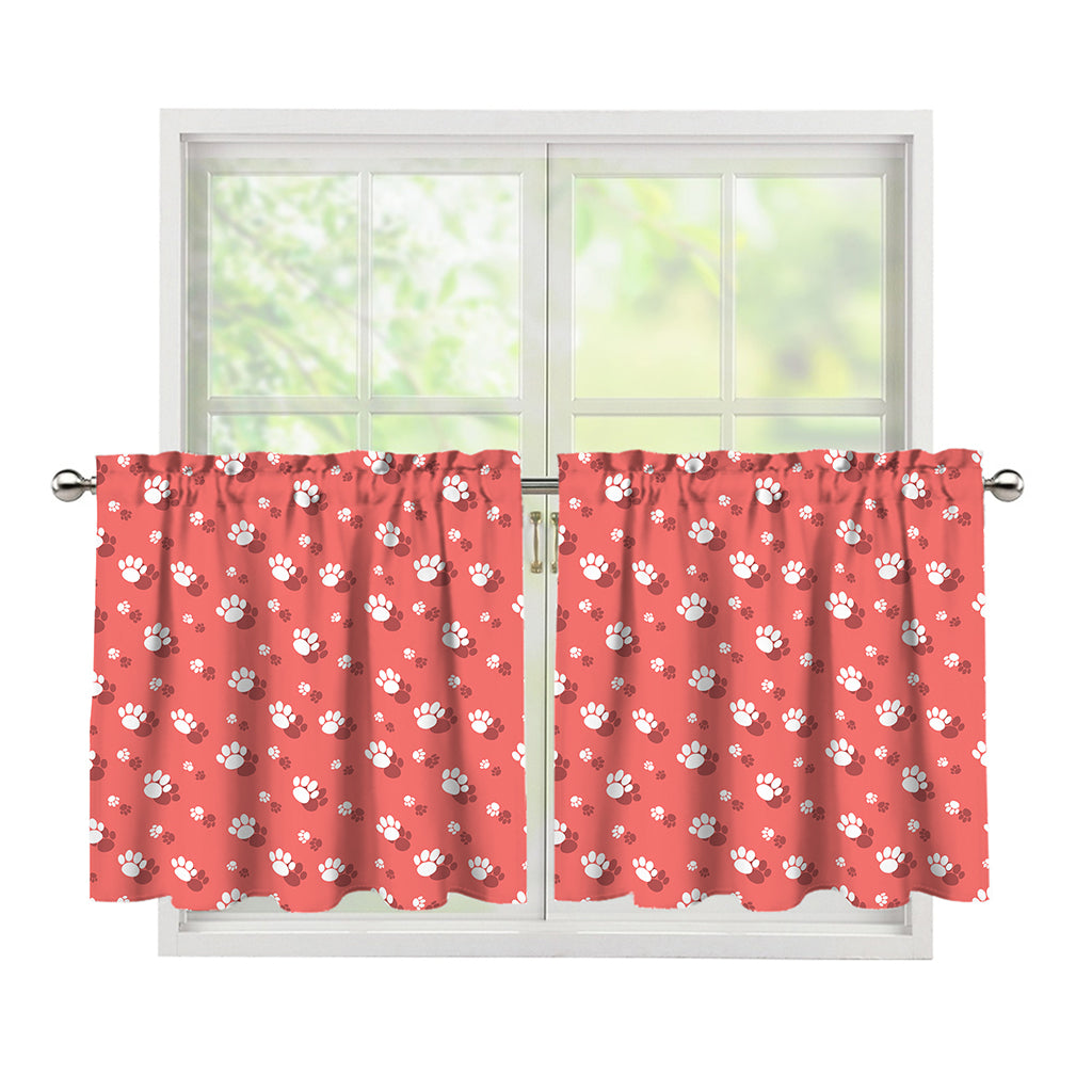 Pink And White Animal Paw Pattern Print Tier Curtains