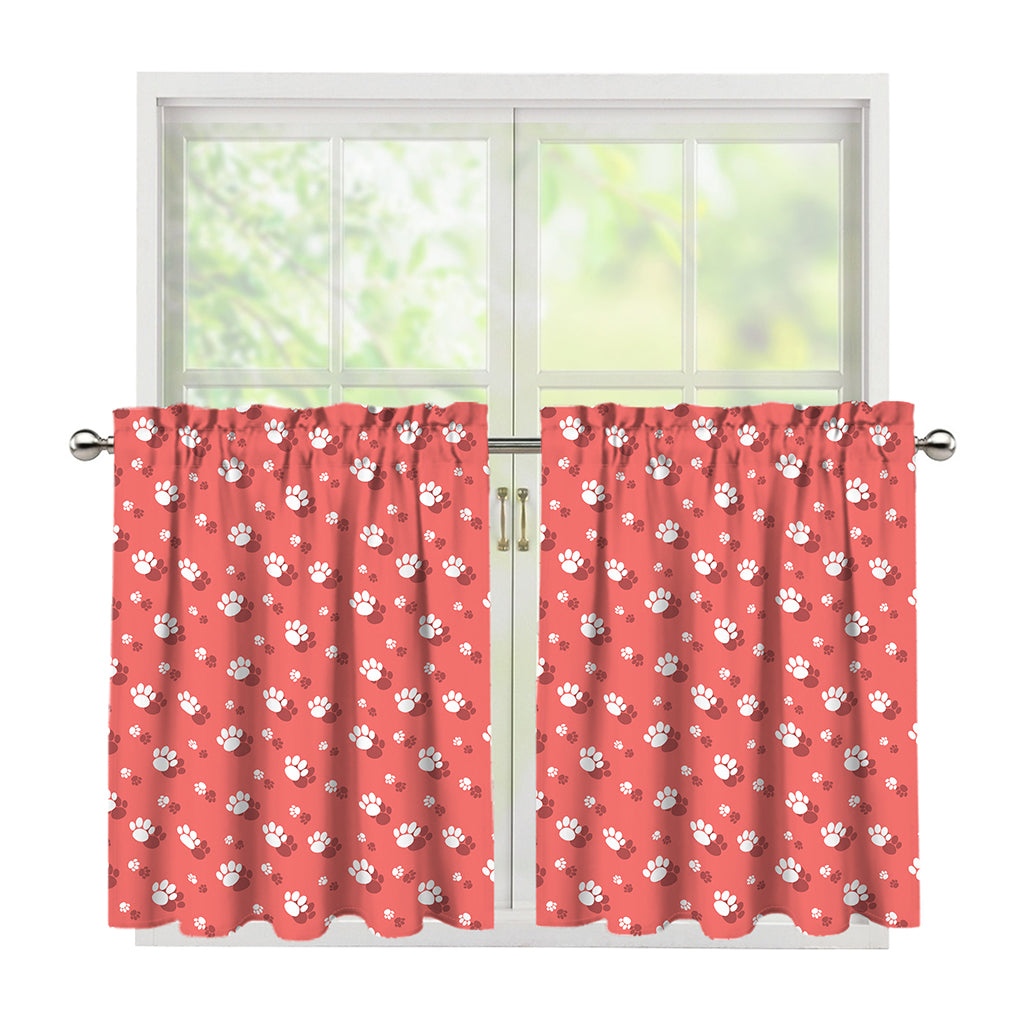 Pink And White Animal Paw Pattern Print Tier Curtains