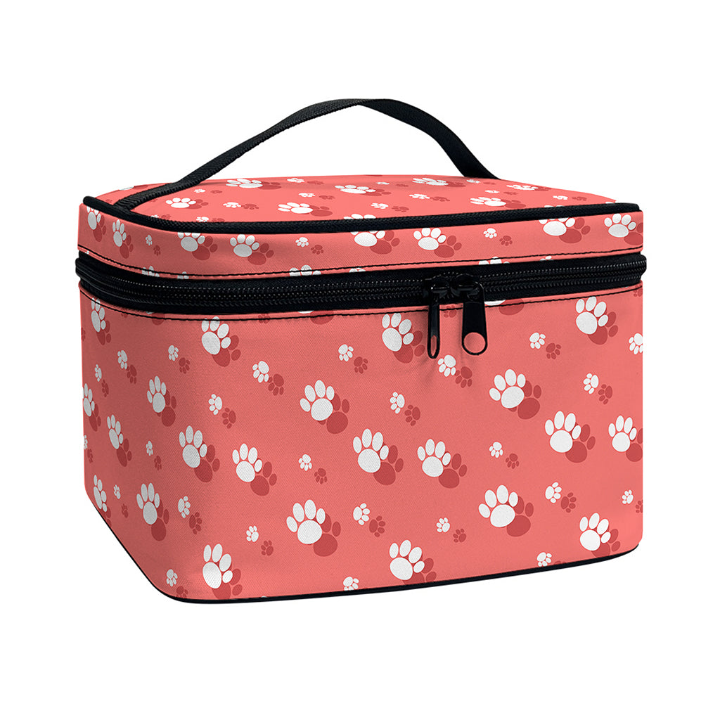 Pink And White Animal Paw Pattern Print Travel Makeup Bag