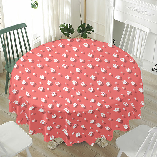Pink And White Animal Paw Pattern Print Waterproof Round Tablecloth