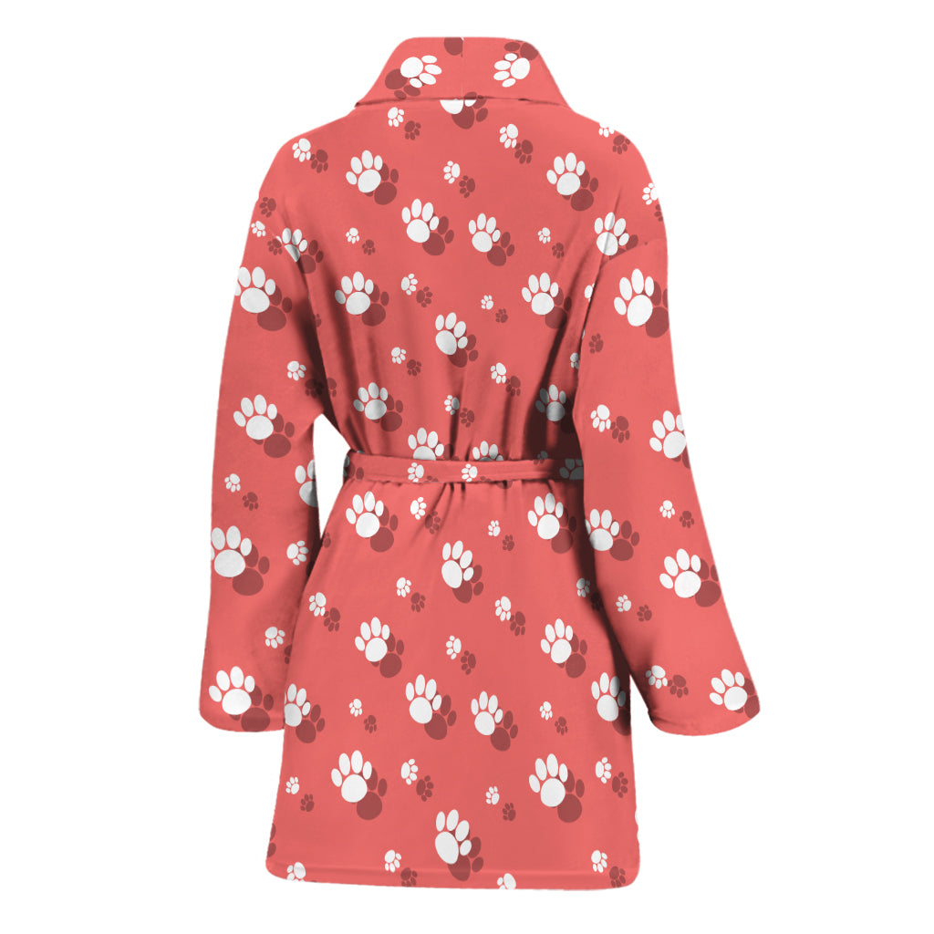 Pink And White Animal Paw Pattern Print Women's Bathrobe