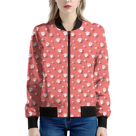 Pink And White Animal Paw Pattern Print Women's Bomber Jacket