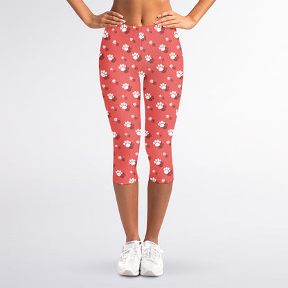 Pink And White Animal Paw Pattern Print Women's Capri Leggings