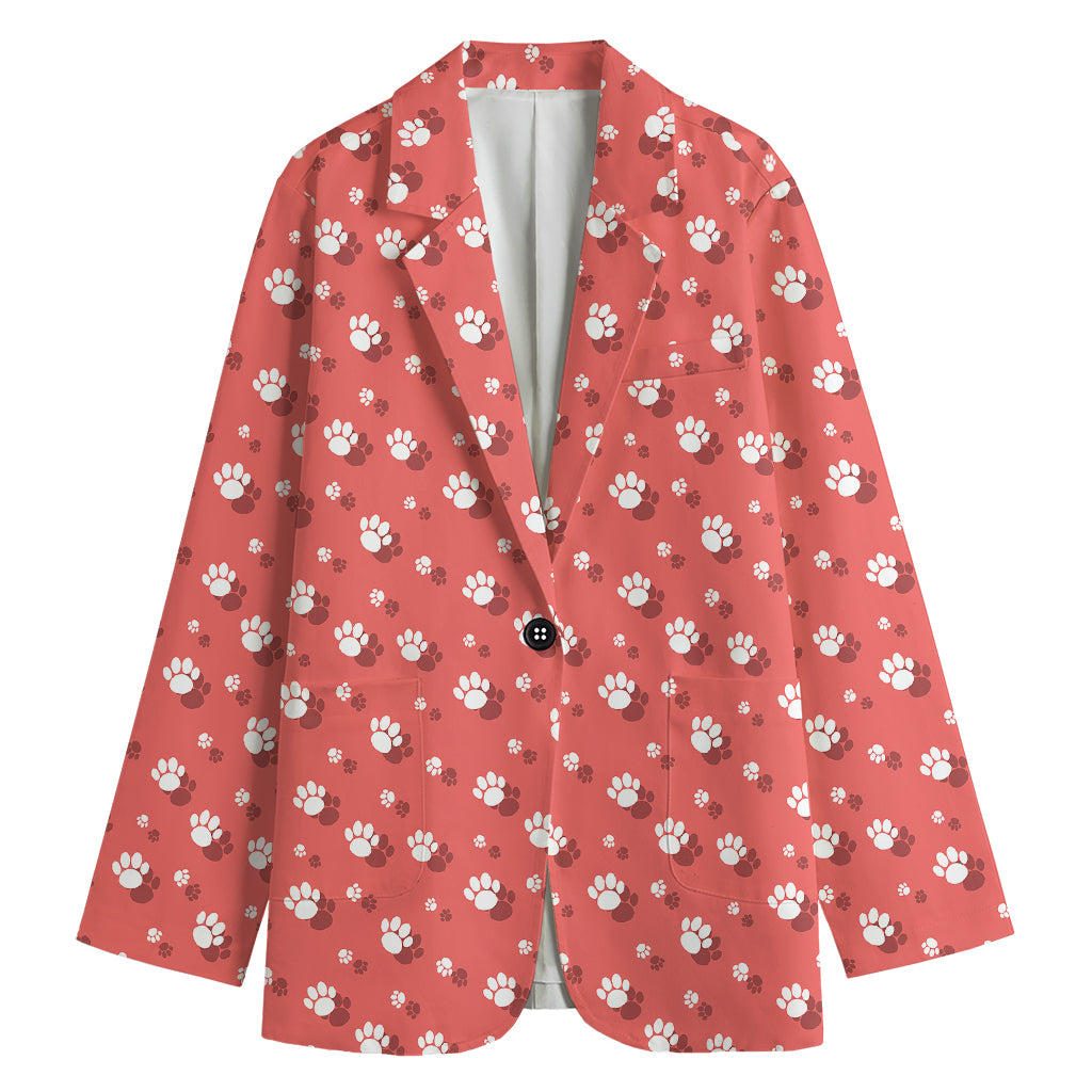 Pink And White Animal Paw Pattern Print Women's Cotton Blazer
