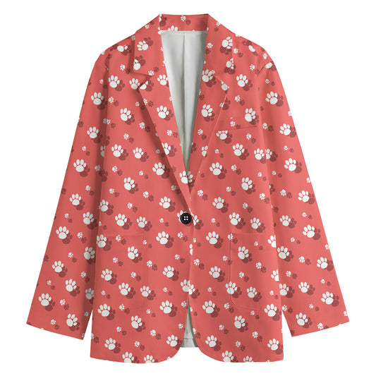 Pink And White Animal Paw Pattern Print Women's Cotton Blazer