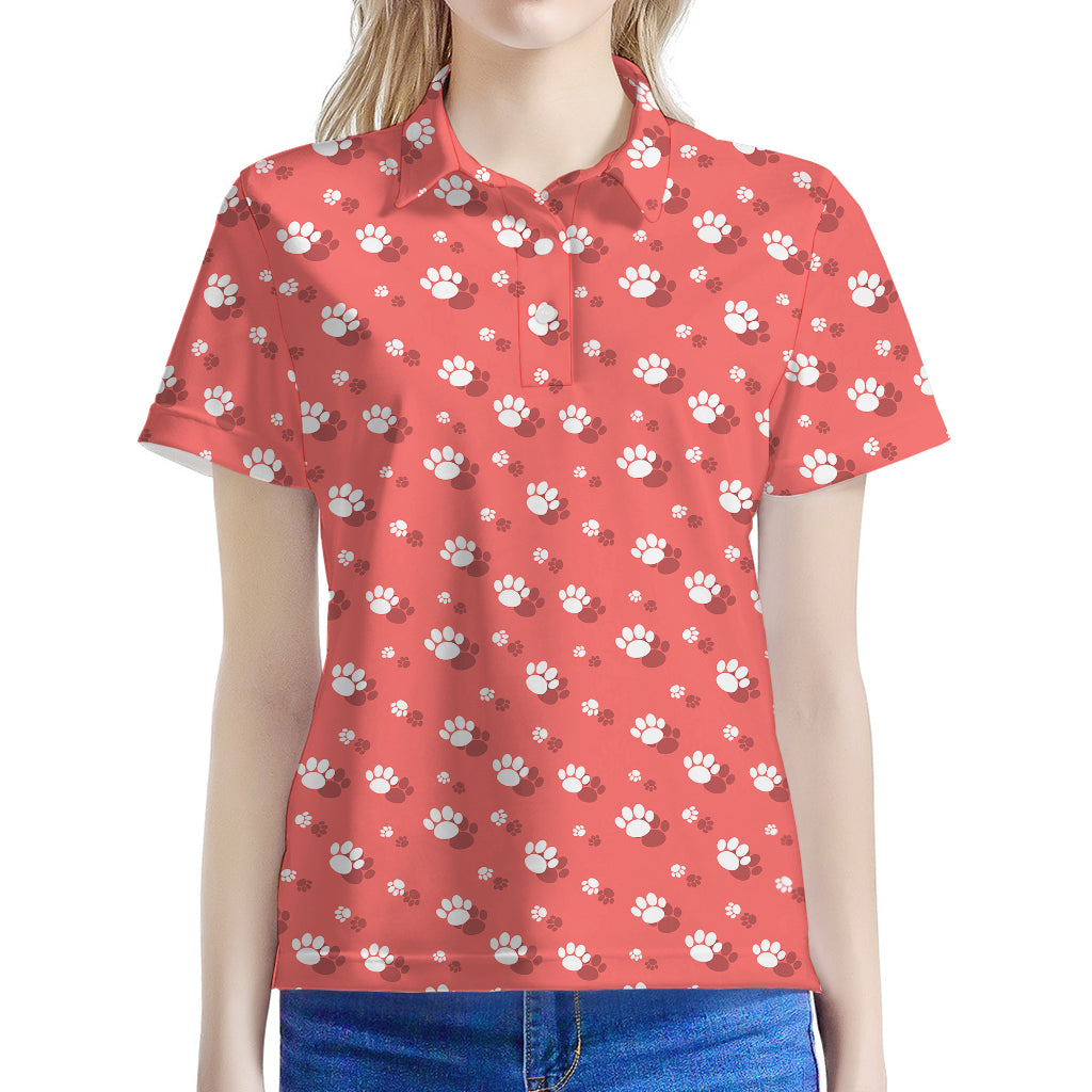 Pink And White Animal Paw Pattern Print Women's Polo Shirt