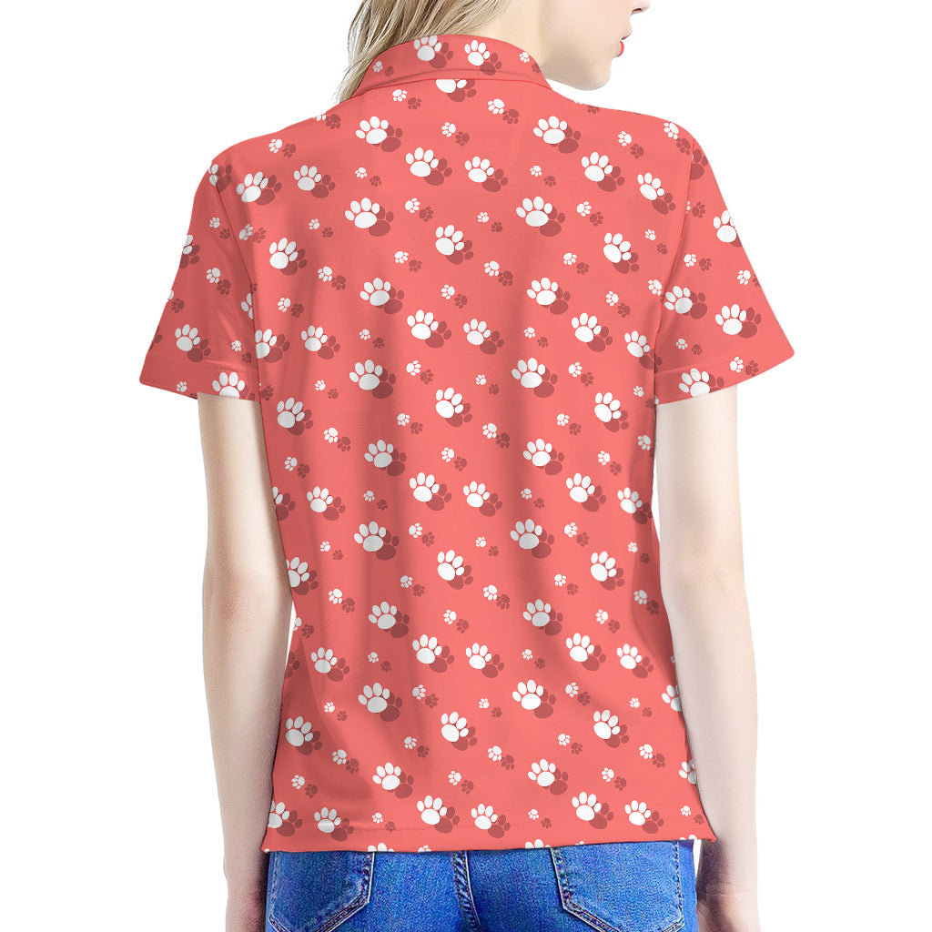 Pink And White Animal Paw Pattern Print Women's Polo Shirt